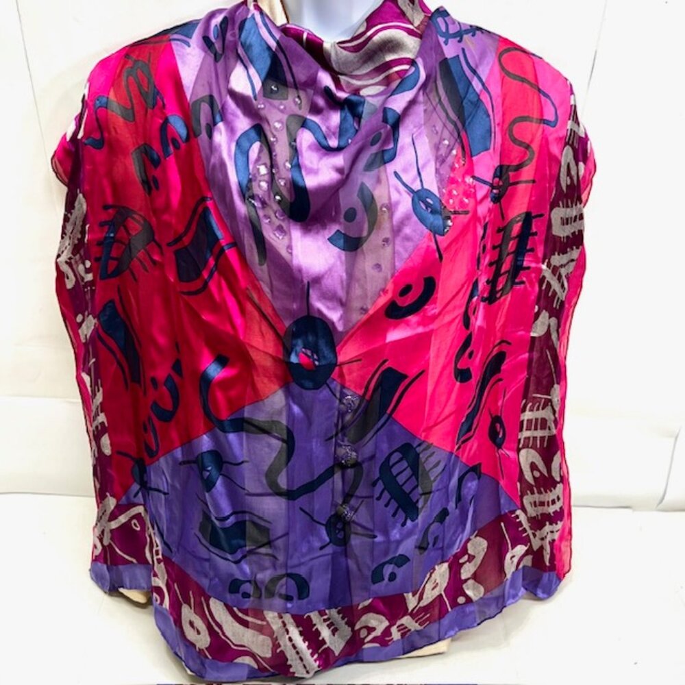 Vgt  BALENCIAGA Paris "PINK PURPLE FLORAL" 100% Silk Chiffon Satin Scarf  33"(44 - Picture 3 of 12
